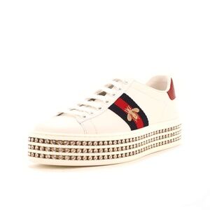 Gucci Ace Web Leather Platform Sneaker with Crystals
